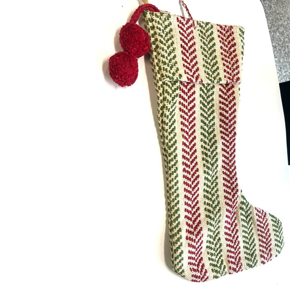 JINGLES & Joy Christmas Stocking Woven Fabric Holiday Herringbone 18" Hanging